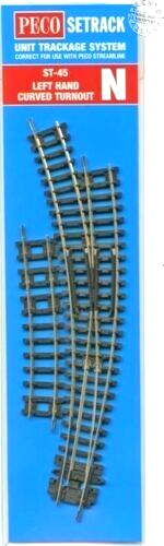Peco N ~ New 2024 ~ Left Hand Curved Turnout Insulfrog Code 80 ~ Setrack ST-45