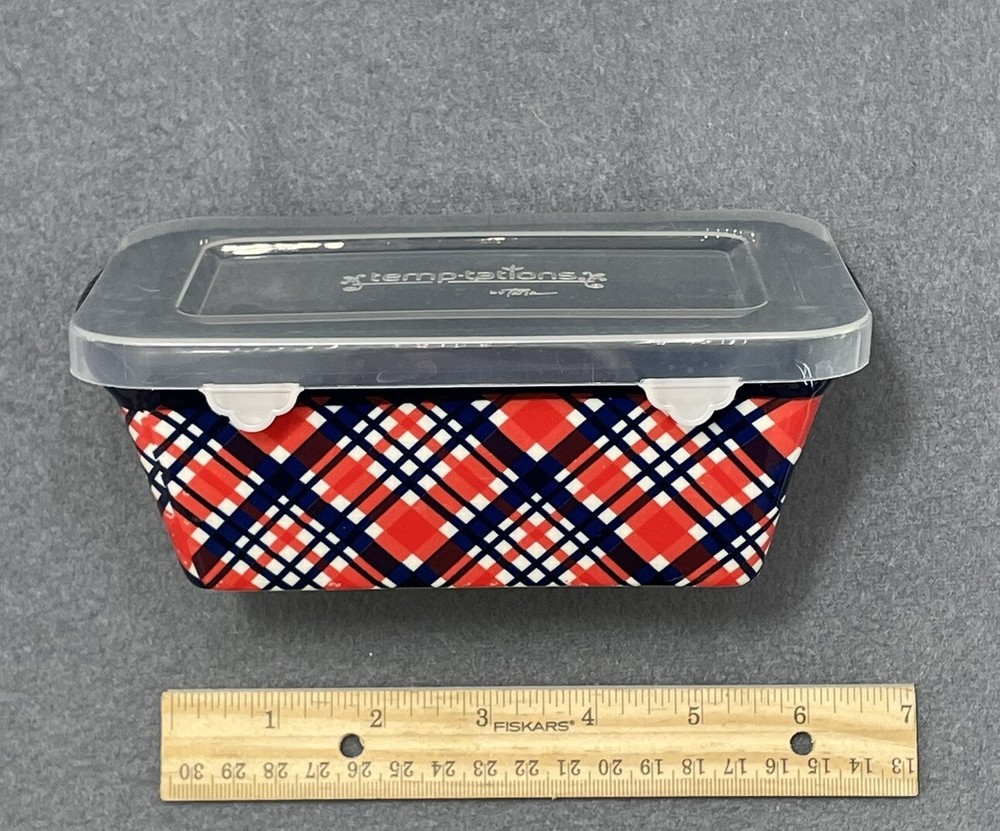 Temptations by Tara Plaid 12 oz Ceramic Mini Bread Loaf Pan 973196 w/ Lid