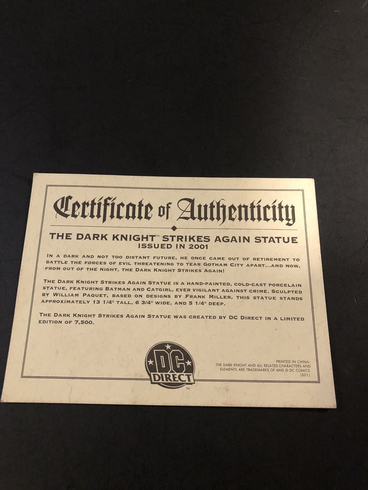 dark knight statue 2001 DC Certificate of authenticity Insert Only