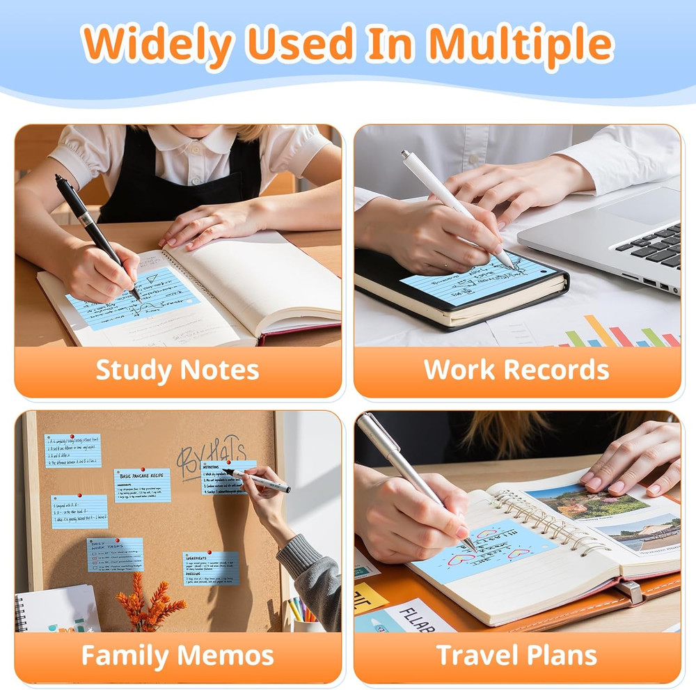 Index Cards 3X5 Inches, 300 PCS, Blue Flash Cards with Ring, Punched Lined Study