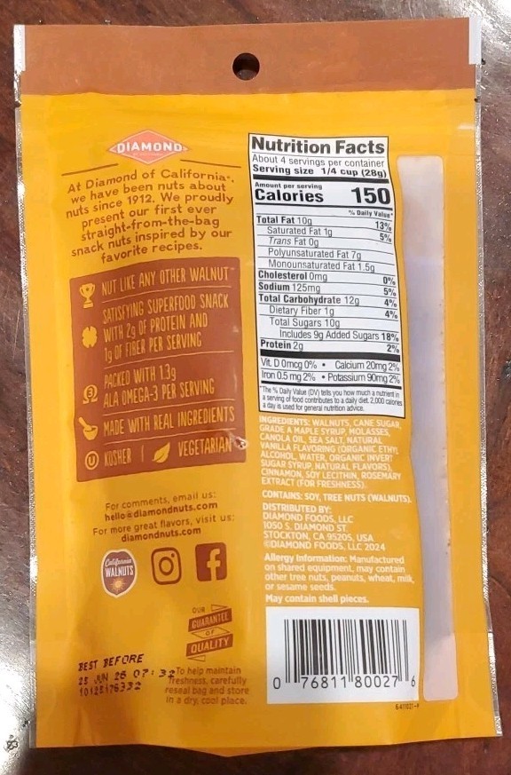 Diamond Sweet Maple Walnuts made for snacking, 4oz, One (1) Pack