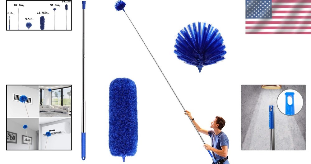 Extending Cobweb Duster Kit with 2 Washable Heads & Telescoping Pole in Blue