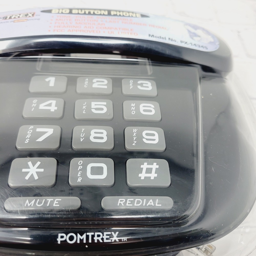 BIG BUTTON PHONE PomTrex Hearing Aid Compatible Tone Pulse Black NEW