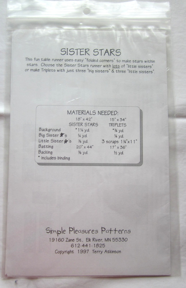 Simple Pleasures SPL-117 Sister Stars ~Patterns for Table Runner