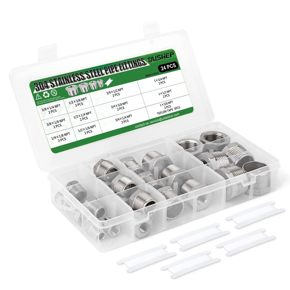 24PCS 304 Stainless Steel Reducer Hex Bushing Kit, Silver