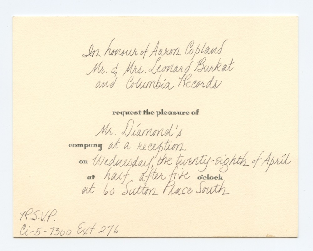 Invitation for David DIAMOND (Composer) to a Reception for Aaron COPLAND
