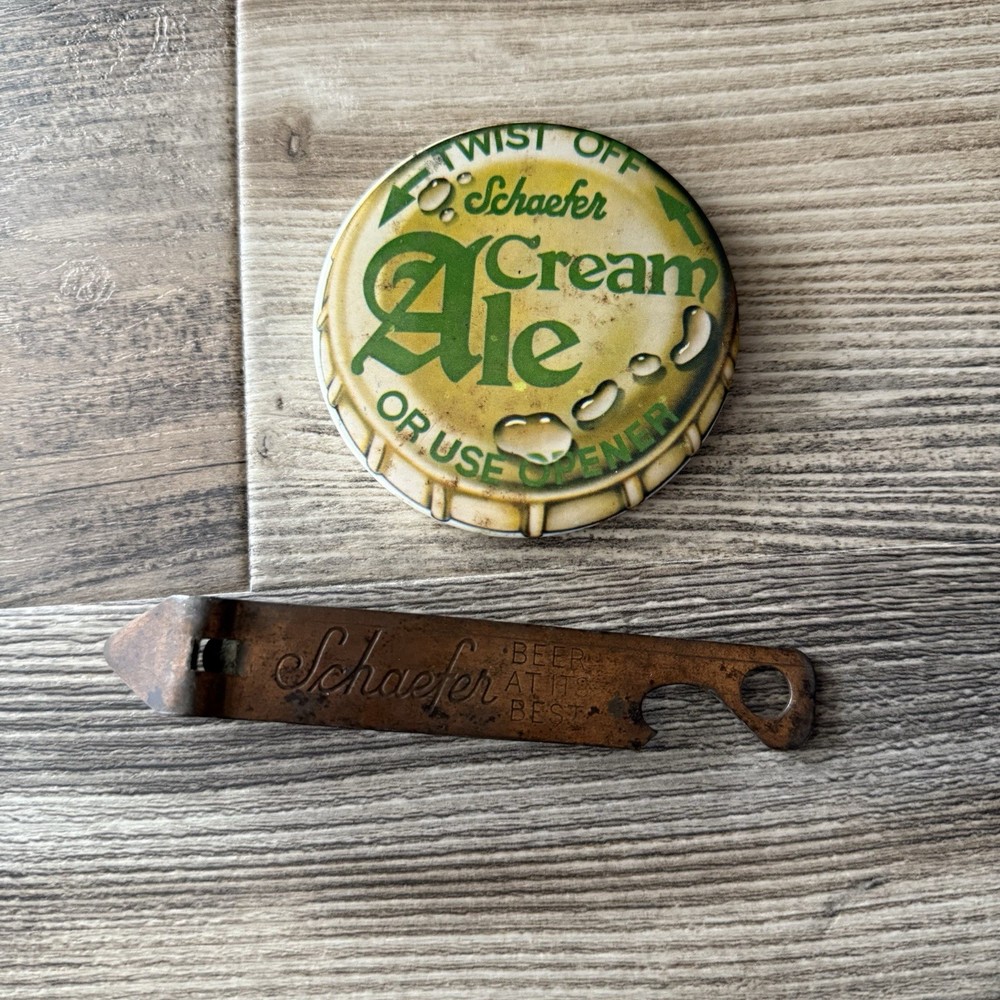 Vintage Schaefer Cream Ale Beer Pinback Button & Rusty Bottle Opener Collectable