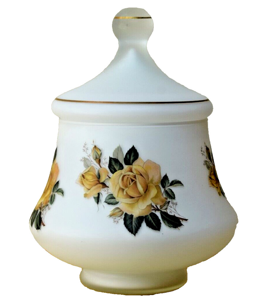 Vintage Covered White Glass Jar Roses