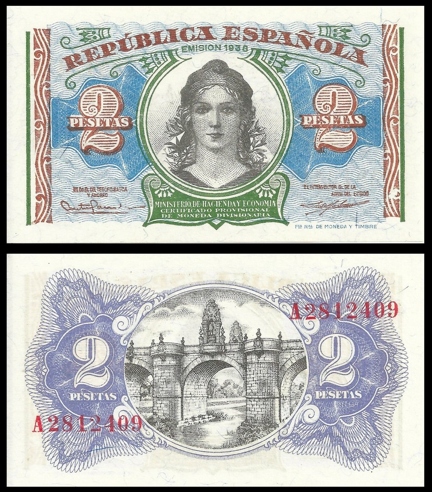 SPAIN 2 PESETAS 1938 P 95 UNC