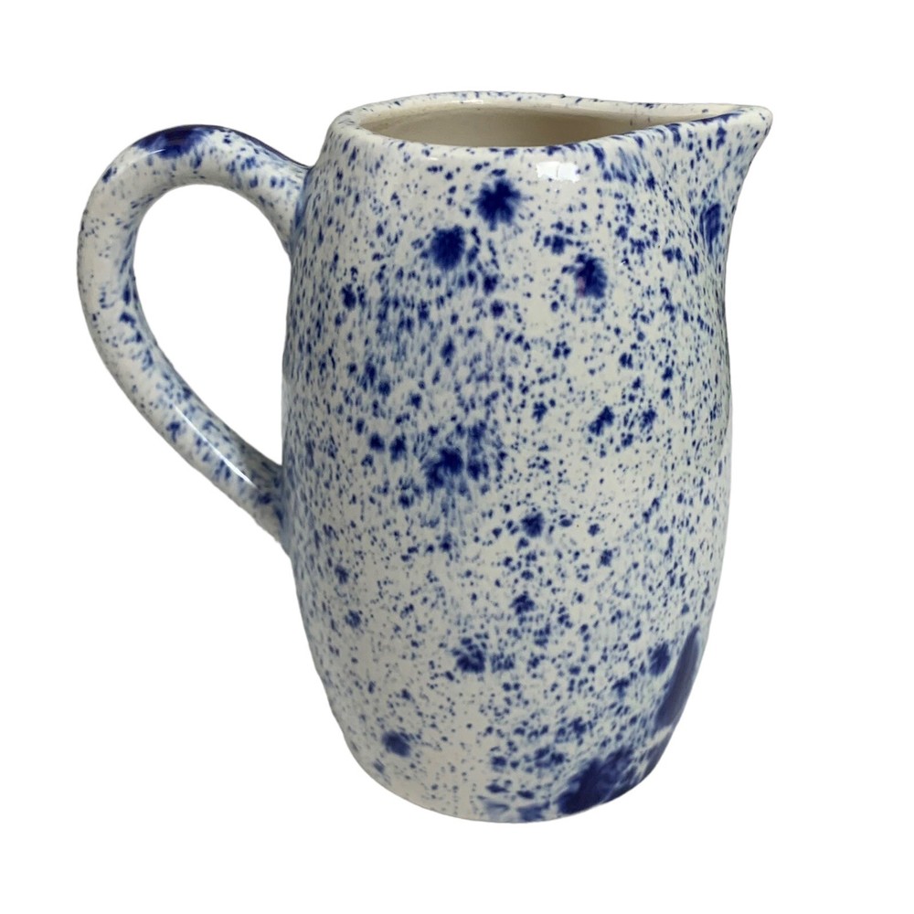 Small Ceramic Pitcher White Blue Splatter Signed Bottom 8 oz 4.25" tall Mini