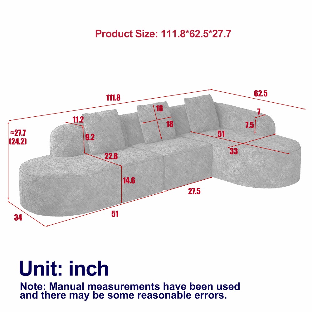 111.8'' Black L-shaped Curved Modular Sofa, Curved Backrest with Three Pillows