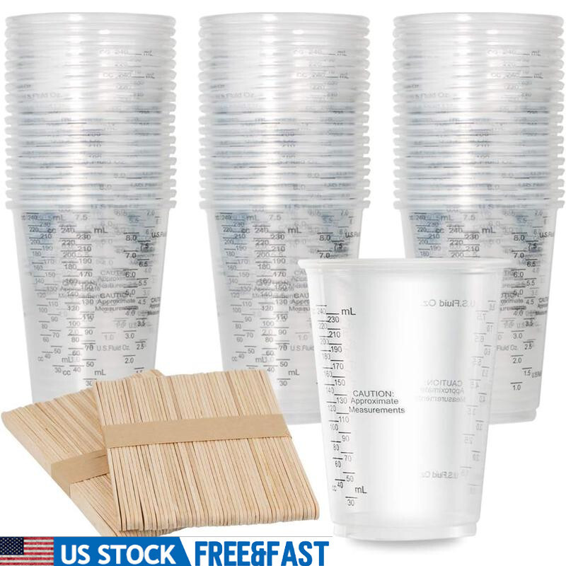 100pcs 8oz Clear Plastic Measuring Scale Cups W/ Stirring Sticks Polyethylene US