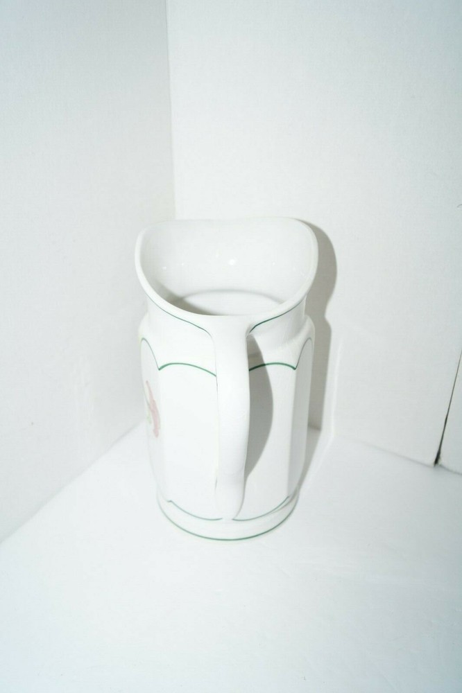 TRIFLES WATER PITCHER GLASS TAN STRIPS GREEN PINK EUC