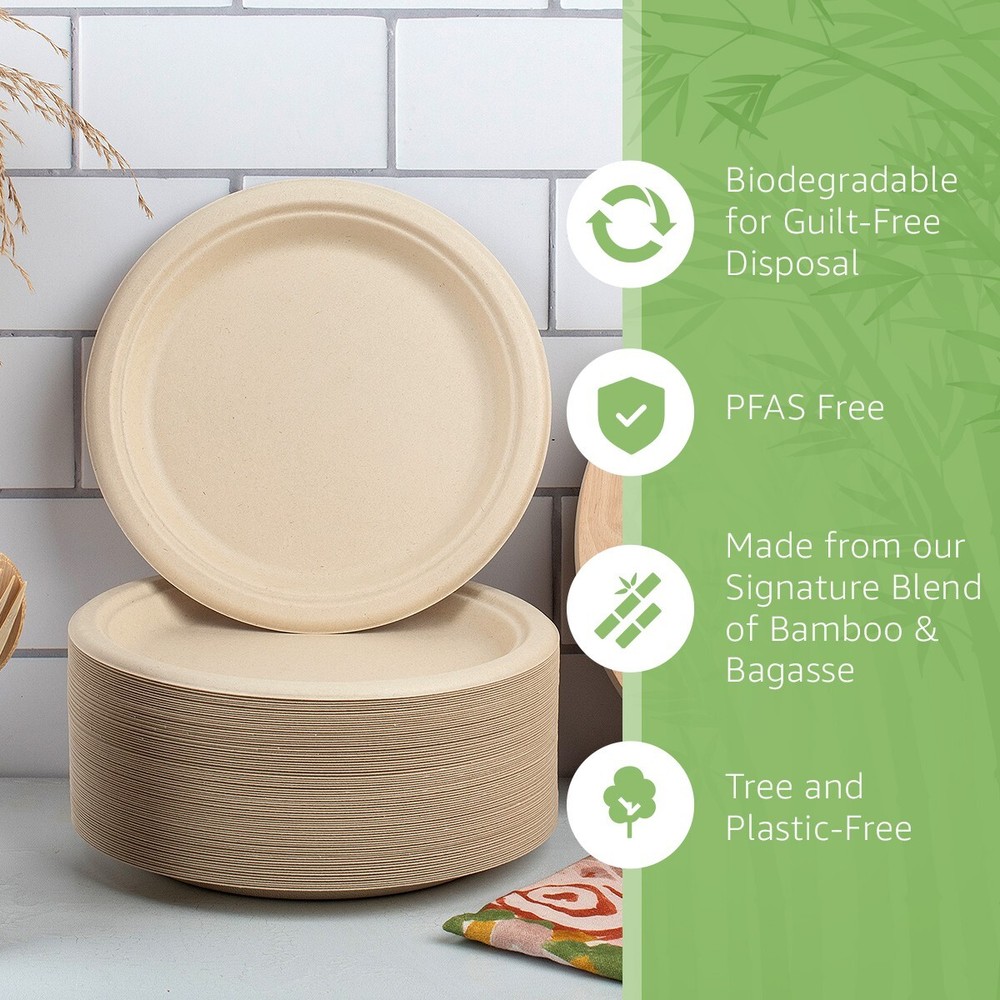 Ibambo Bamboo Disposable Paper Plates - 9 Inch, 125 Pack, Compostable Plates