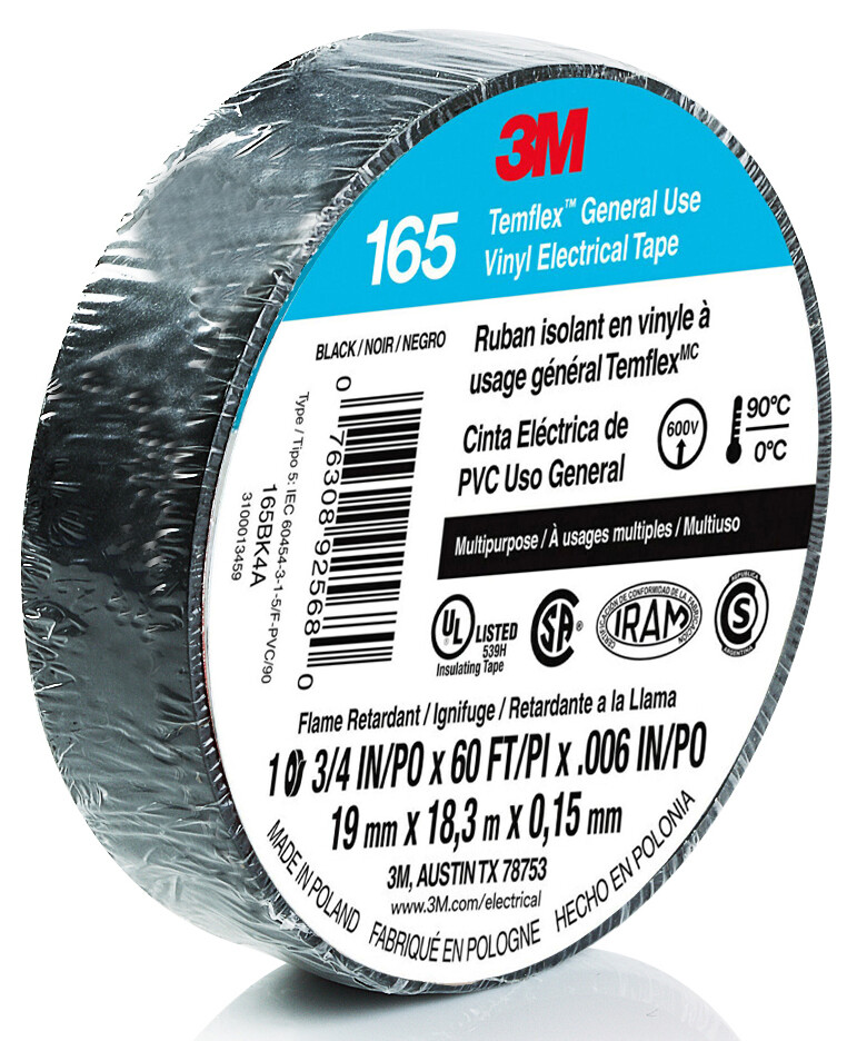 3M Temflex Vinyl Electrical Tape 165 Multi-purpose 3/4" X 60FT Black 20 Rolls