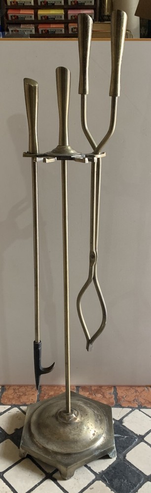 vintage cast iron brass fireplace set