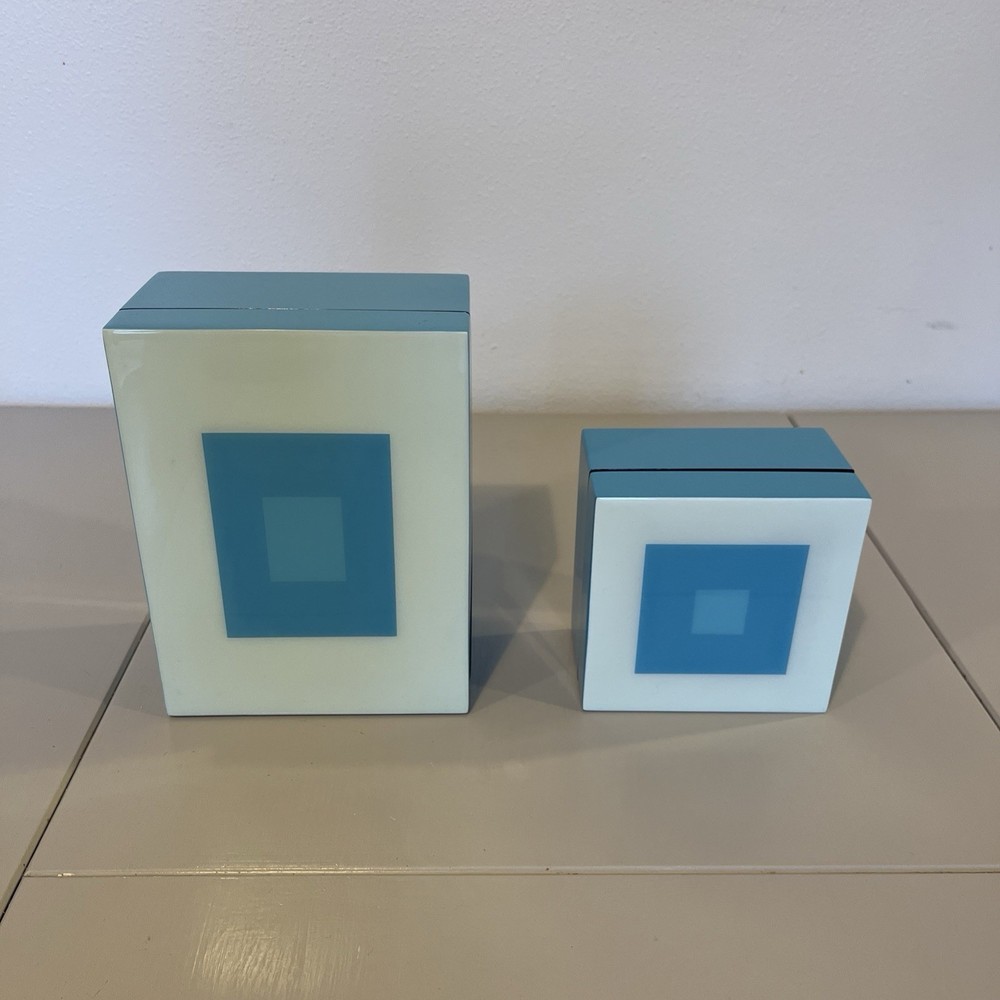Set Of Two Decorative Storage Boxes, Lacquer Finish, Blue Graphic Design