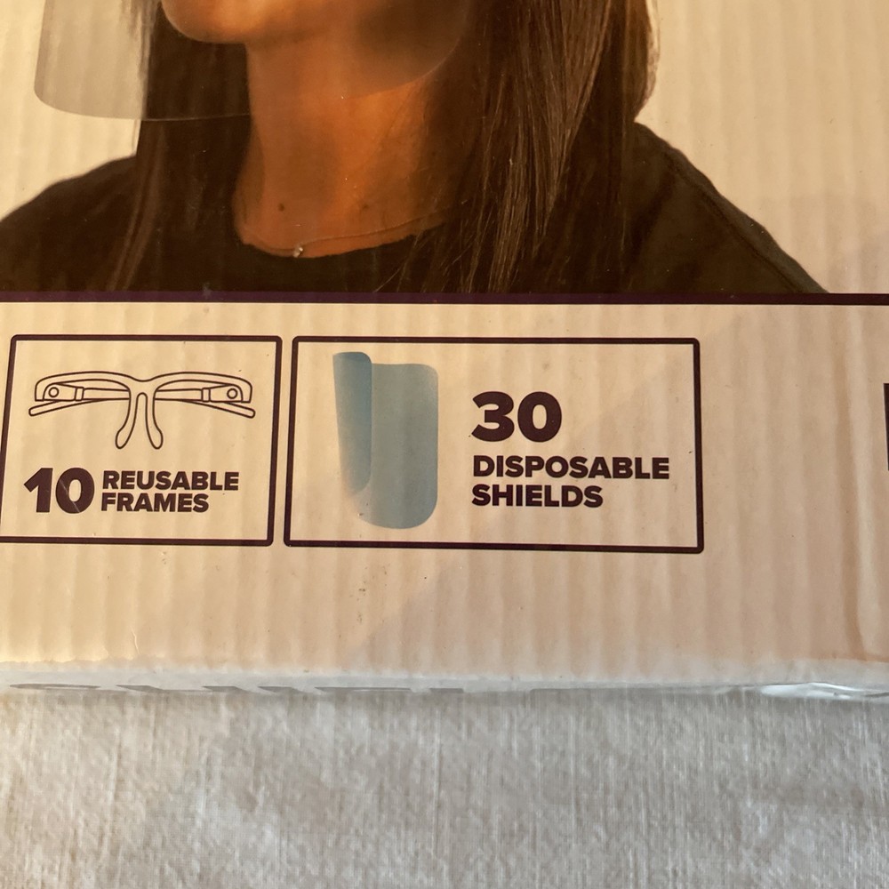 Face Shields 10 Frames 30 Shields Clear Plastic. BRAND NEW IN BOX