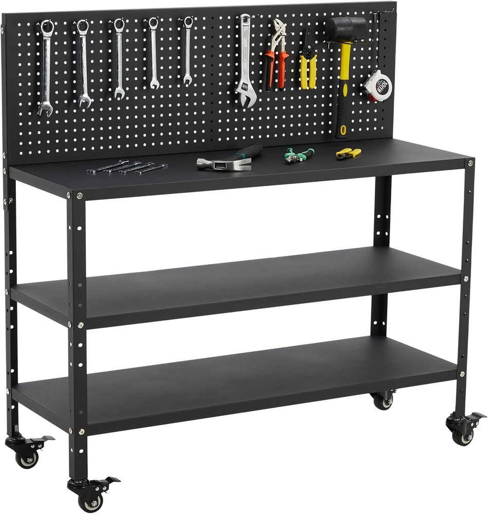 Metal Tool Work Table Adjustable Heavy Duty Bench Pegboard Garage Workstation
