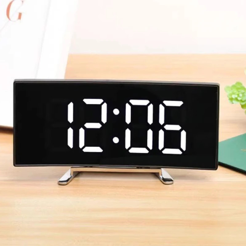 Mirror Curved Screen Digital Alarm Clock, LED Creative Curved Electronic Clock,