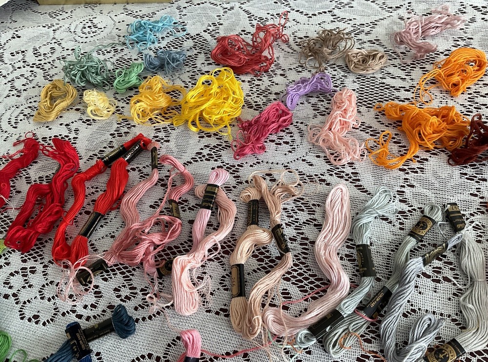 Vintage Large LOT Used/New Cross Stitch Threads, Thread Organizer, Frame/Fabric