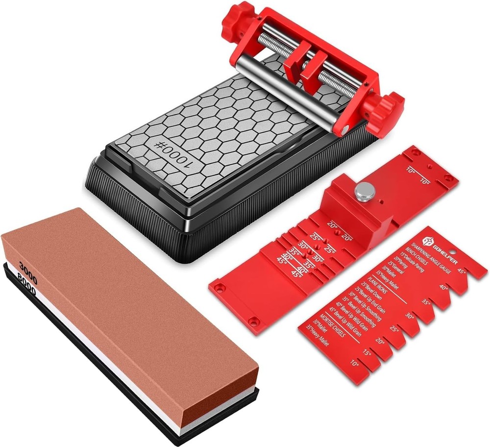 Chisel Sharpening System with Adjustable Jaws and Angle Fixture for Consistency