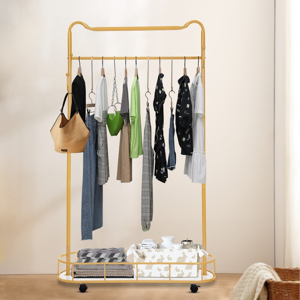 Multi-Functional Movable Clothes Rack Garment Stand w/ Storage Basket & Hooks