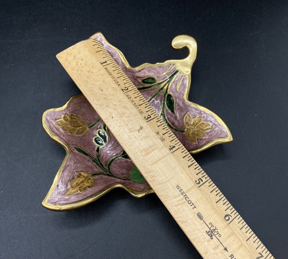Enameled Brass 6” Maple Leaf Dish Tray Floral Design