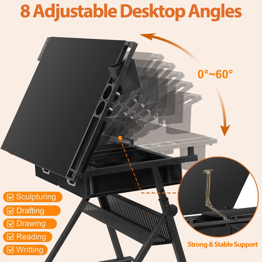 Adjustable Drafting Table with Outlet Artist Drawing Table with Stool Black