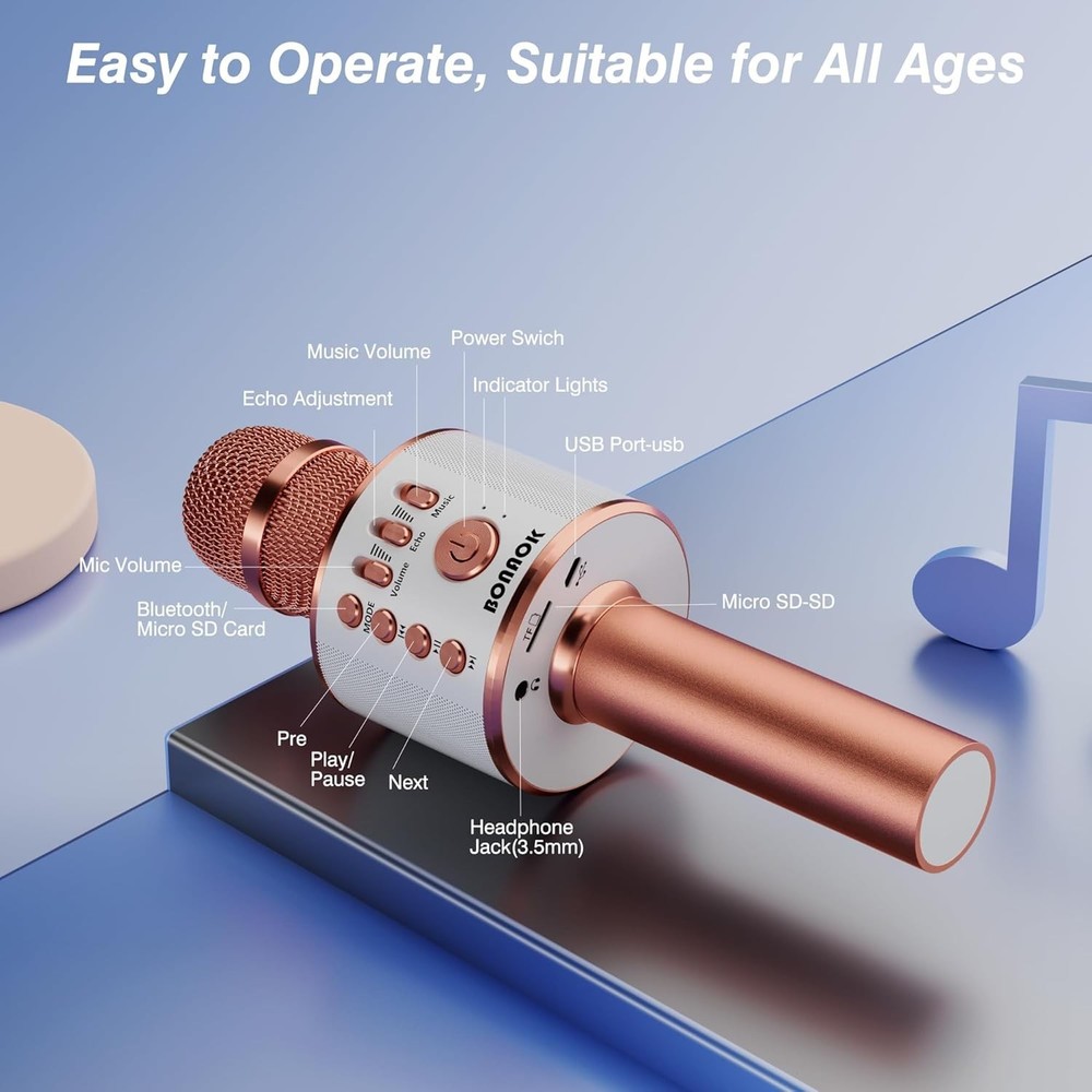 Elegant Rose Gold Handheld Karaoke Mic - Bluetooth & USB Compatible for Parties