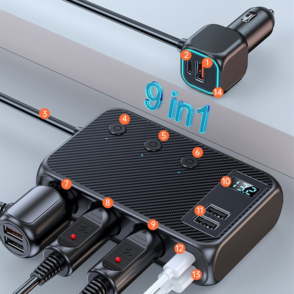 Cigarette Lighter Socket Splitter USB-C Fast Charger Power Adapter Outlet QC PD