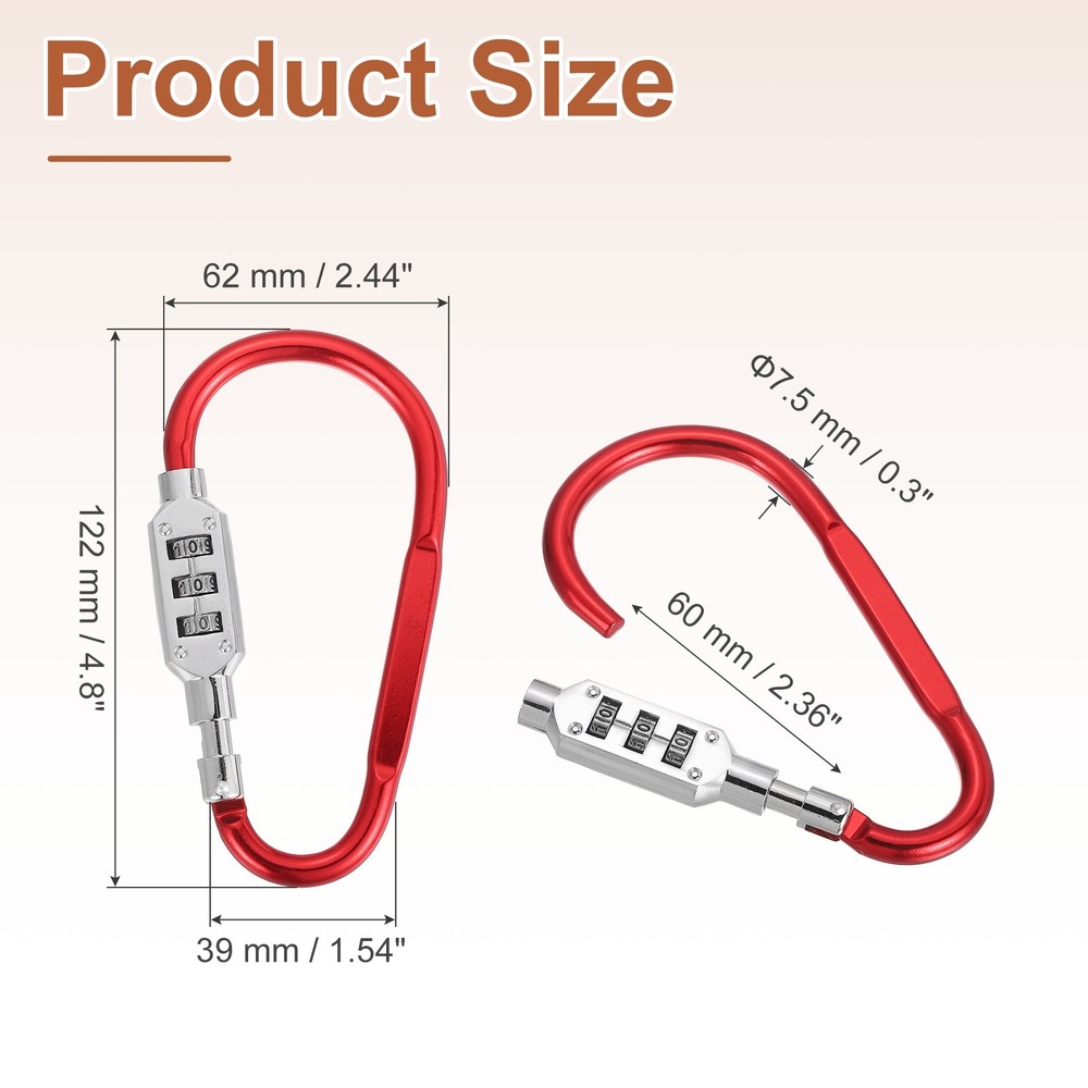 4.8" x 2.4" D-Shaped 3-Digit Code Combination Lock D-Ring Clip Locking, Red