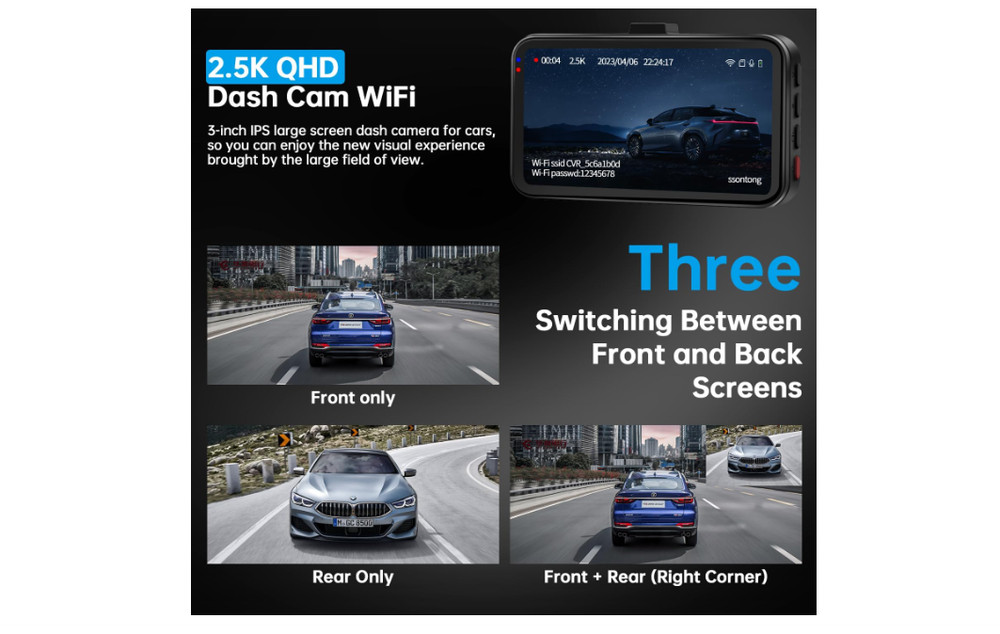 Dash Camera Front and Rear W/ WiFi/APP Control Dual for Cars