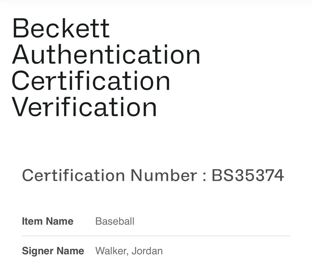 JORDAN WALKER WITH # 18 LICENSED BECKETT AUTHENTICATED SIGNED MANFRED BASEBALL