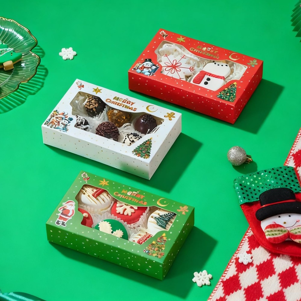 24 PCS Christmas Cookie Gift Boxes Clear Window 3 Patterns 7x4.3x1.5 Inch