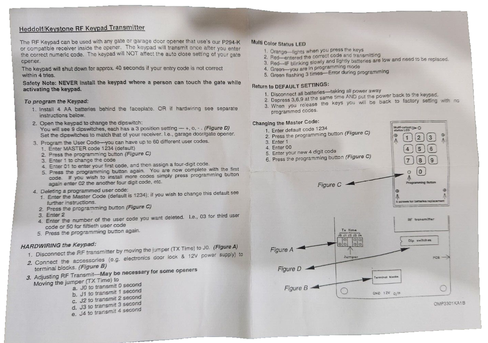 Heddolf/Keystone P330-1KA 318 MHz Keypad Transmitter