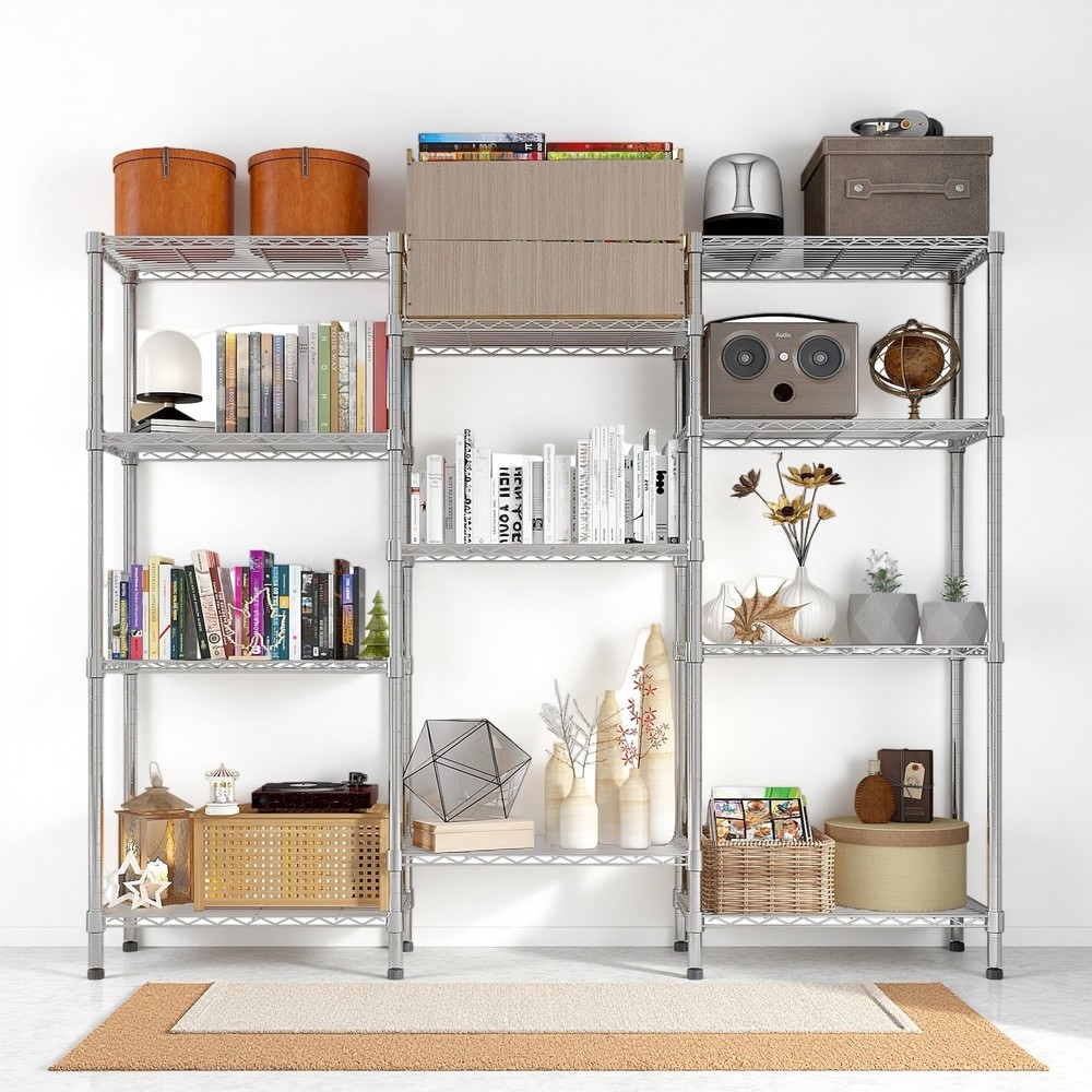 4-Tier Wire Shelving Unit - 3-Column, Heavy Duty, Adjustable, Modular & Silver