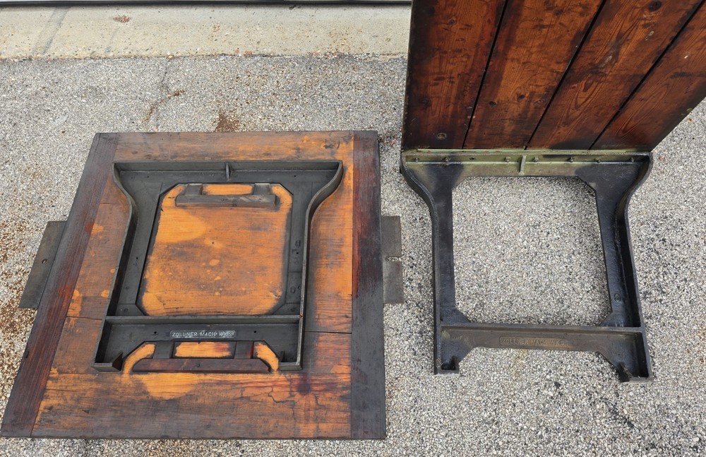 Zollner Machine Works antique industrial table with leg casting pattern
