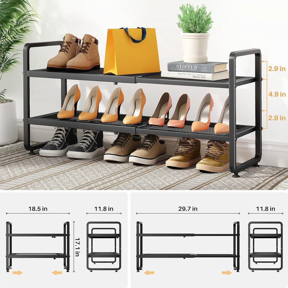 Adjustable 2 Tier Metal Shoe Shelf Black
