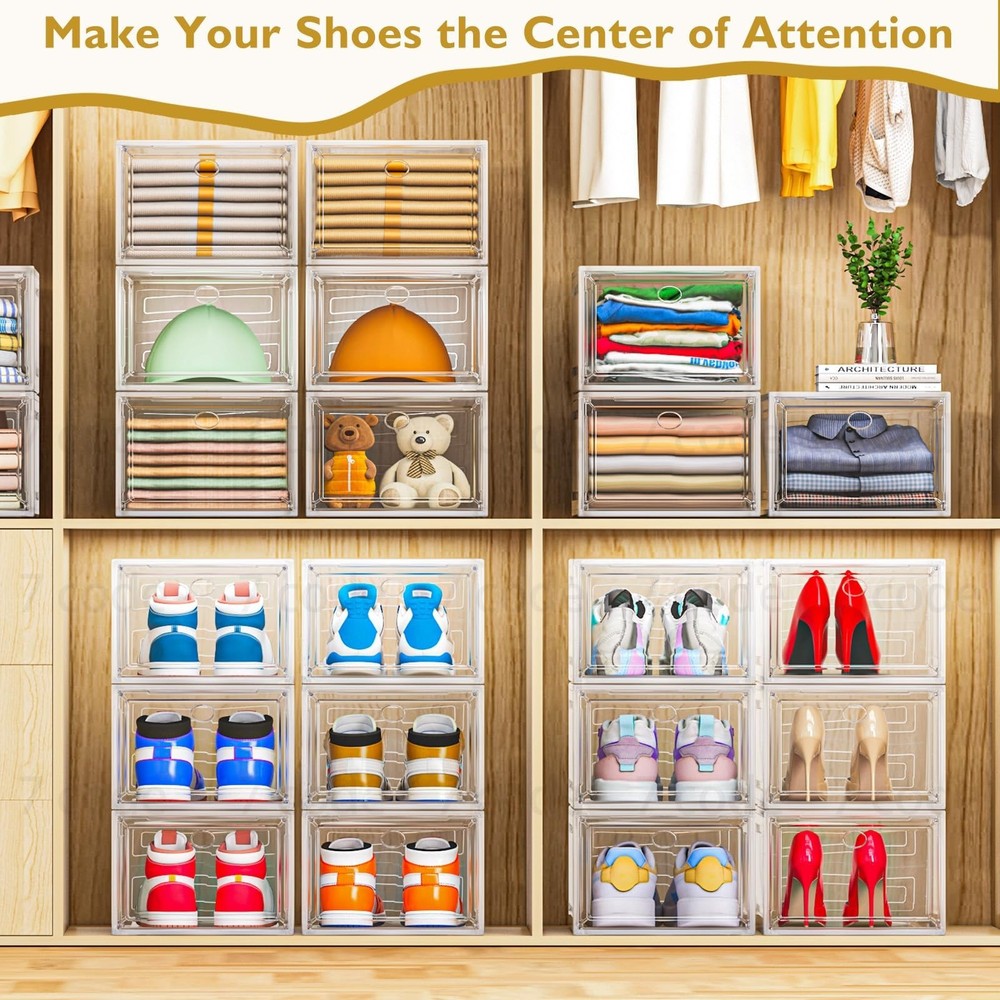 Thickened Clear Shoe Storage Organizer with Magnetic Door, Sturdy Stackable S...