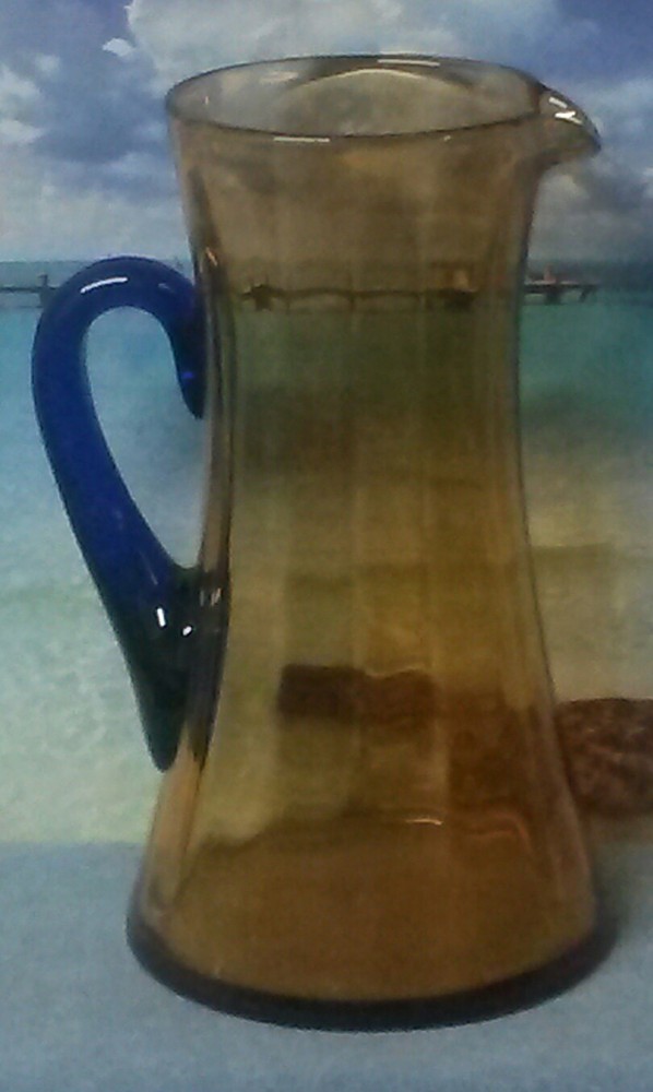 Amber Blown Glass Pitcher with Cobalt Blue Applied Handle