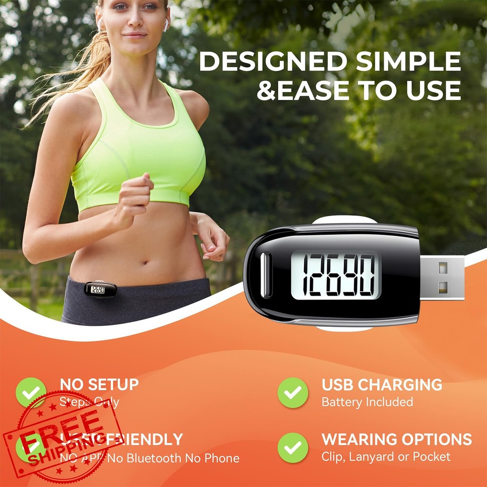 3D Pedometer for Walking, Clip Strap, USB Rechargeable