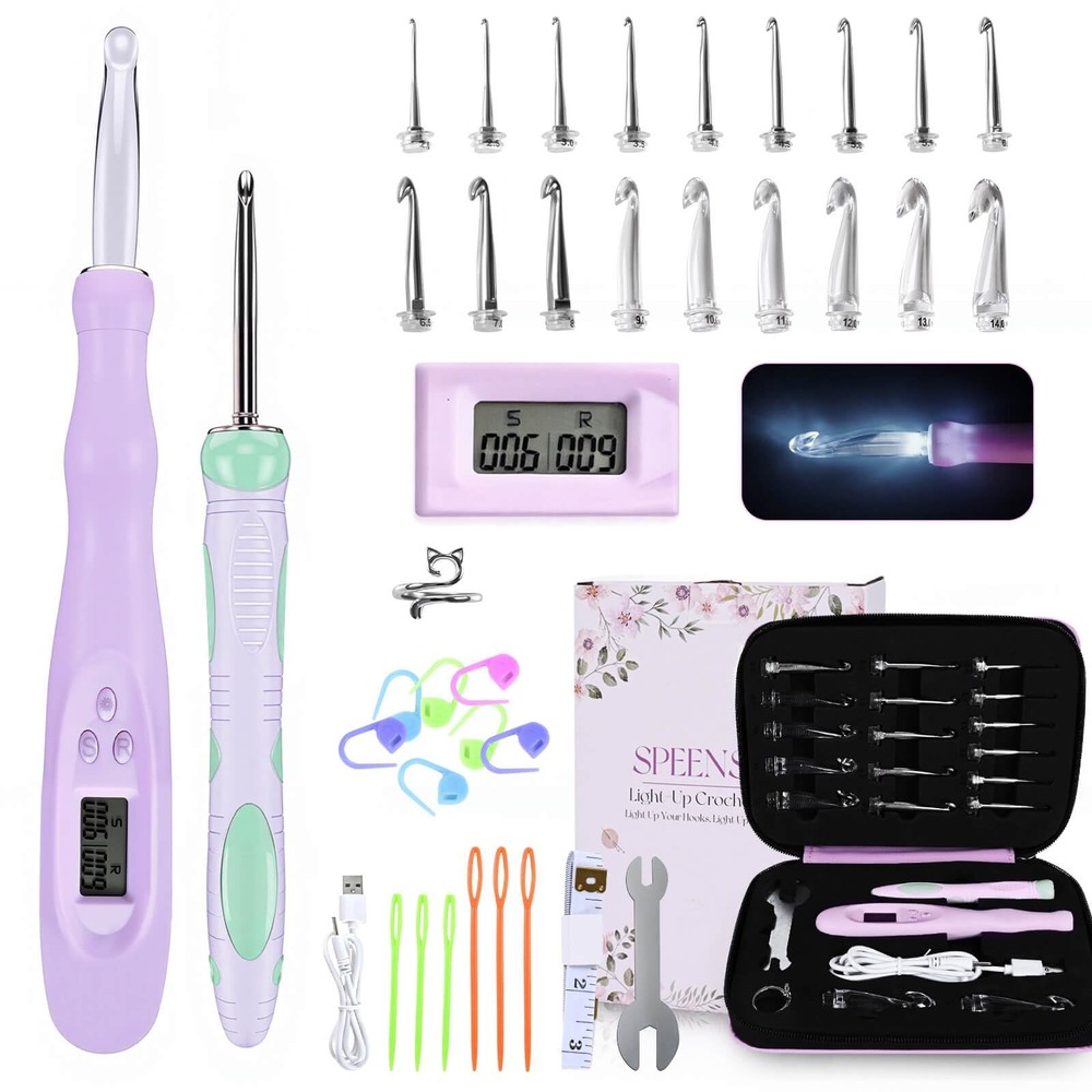 SPEENSUN Light Up Crochet Hook Set with Stitch/Row Counter, 18 Replaceable He...