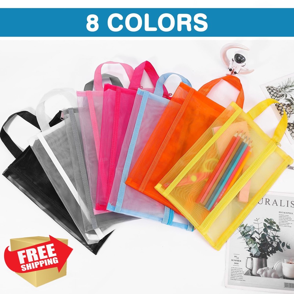 Fassave 6 Pack Mesh Zipper Pouch A4 White Nylon Double Layer Handle