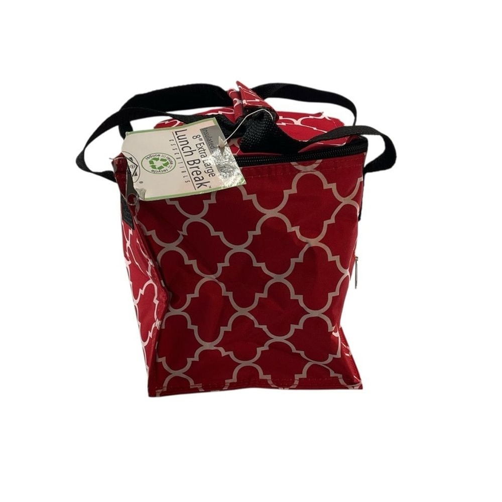 HOME ESSENTIALS Monogrammed R Lunch Box Patterned Insulated Red White NWT