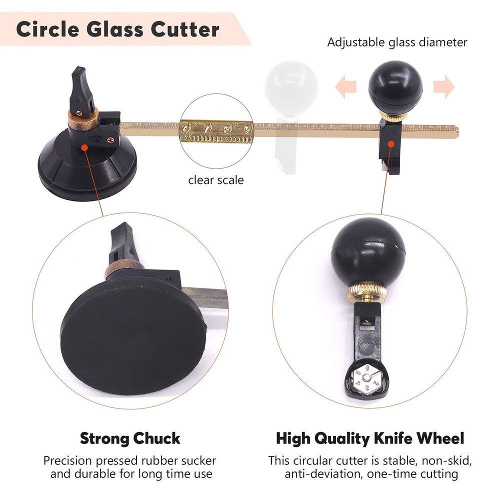 5-Pcs Adjustable Glass Cutter Kit - Includes Suction Cup & Running Plier Round