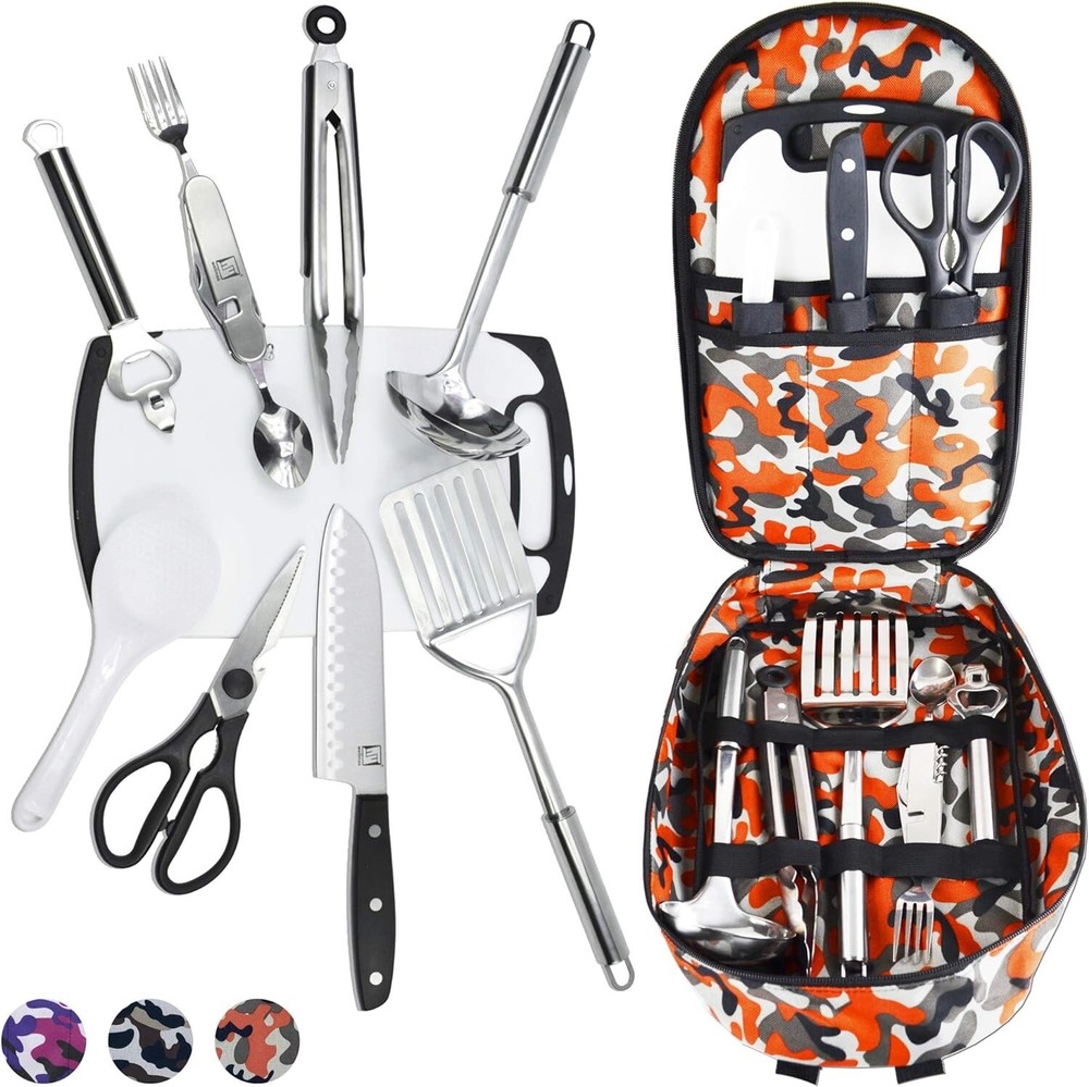 Camping Utensils Cooking Set, Camping Cookware with Kitchen Knife- Orange