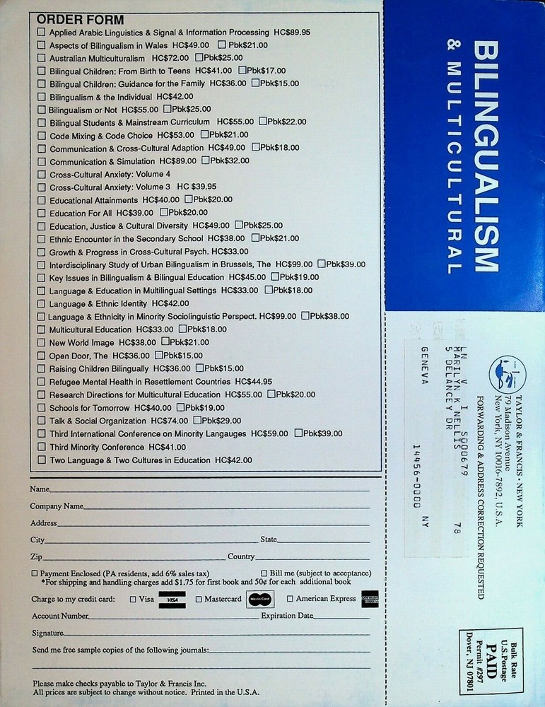 Bilingualism & Multicultural Issues Book Catalog Taylor & Francis 1989