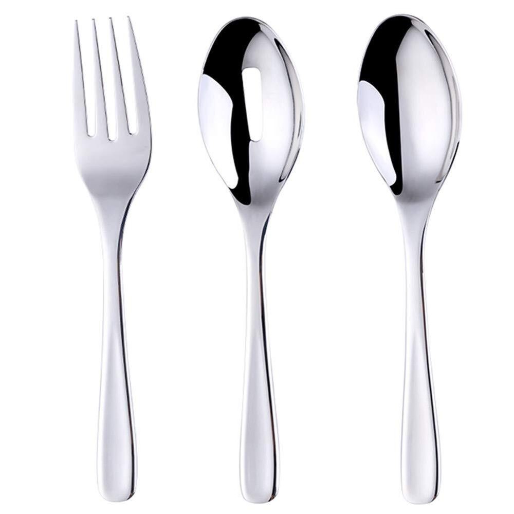 Silver Long Handle Serving Set Stainless Spoon Fork Slotted Spoon 3 PCS