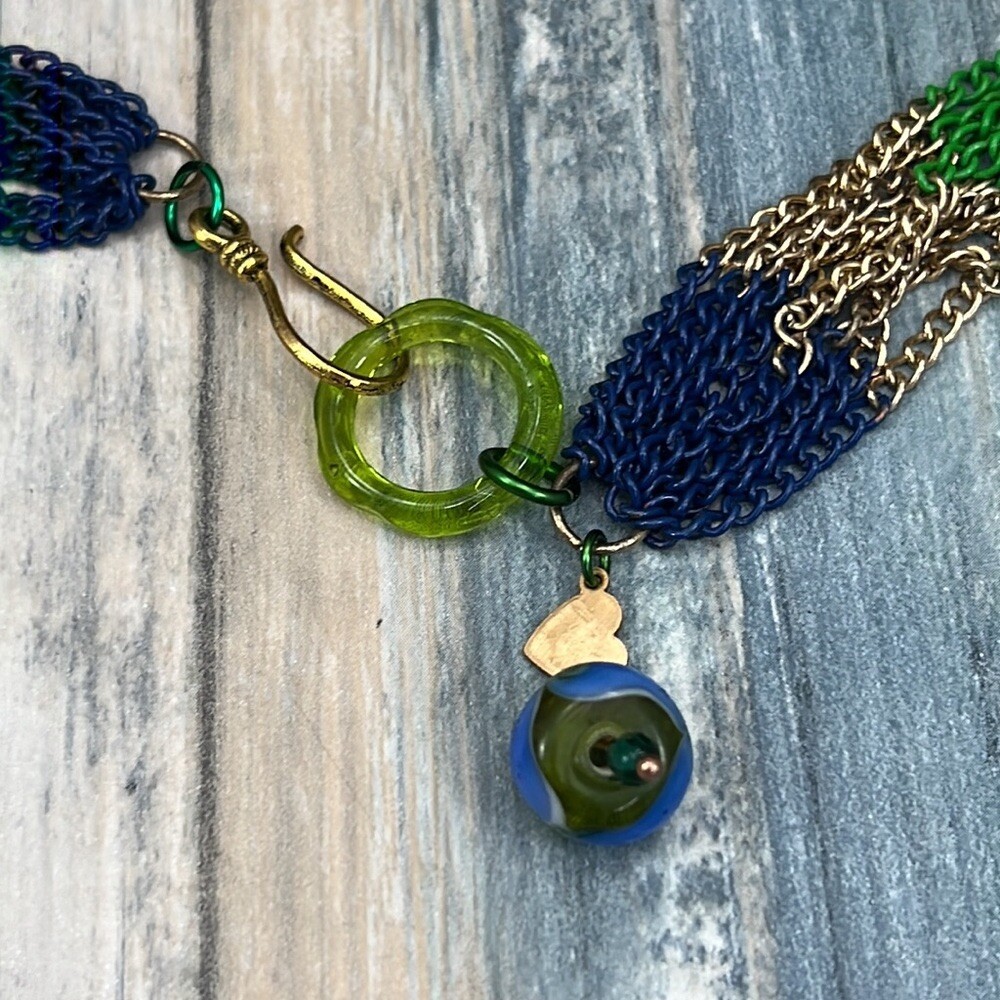 Adorned Crown Artisan Assemblage multi chain enamel flower BLOOM green blue